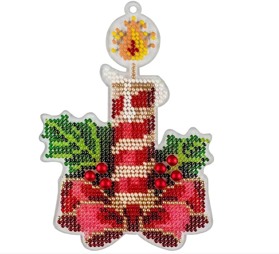Bead Embroidery Kit on plastic base Christmas Candle, PL-050. Fast DIY Kit