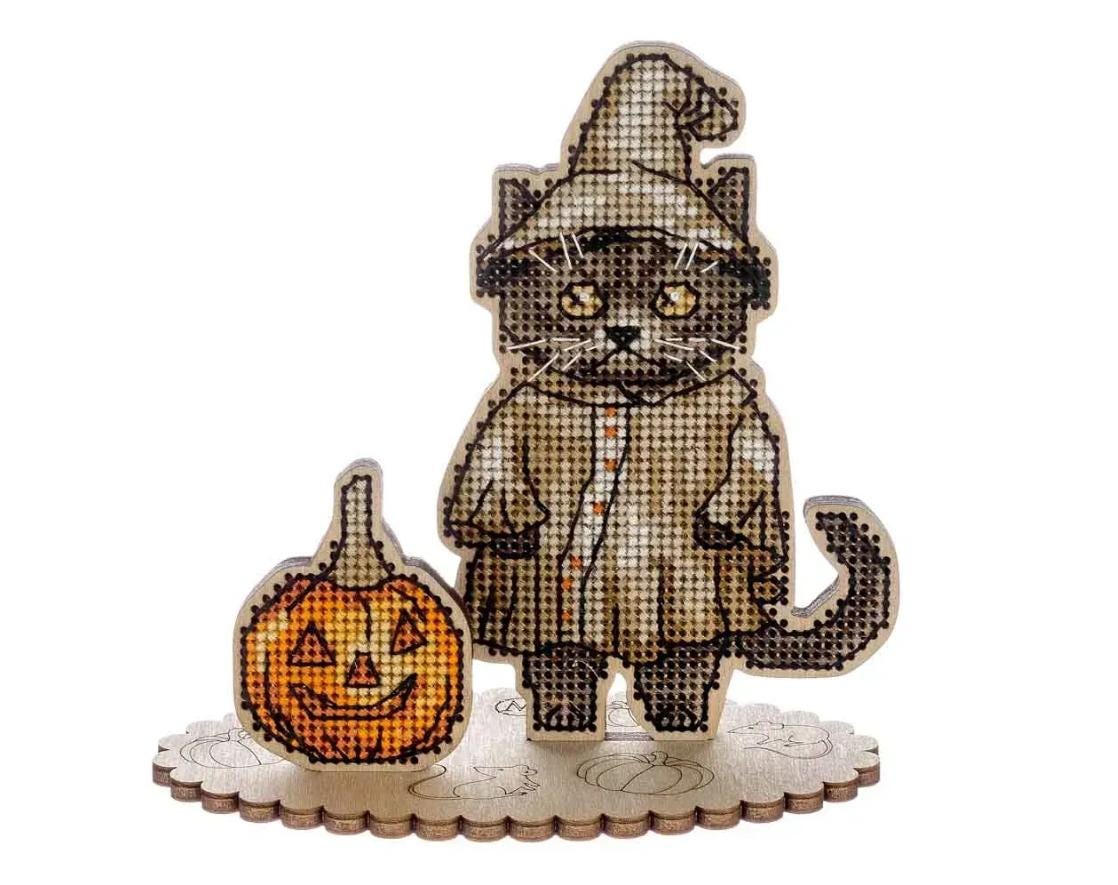 Halloween Cross Stitch Kit: 3D British Cat Ornament with Pumpkins- Fall Embroidery Craft