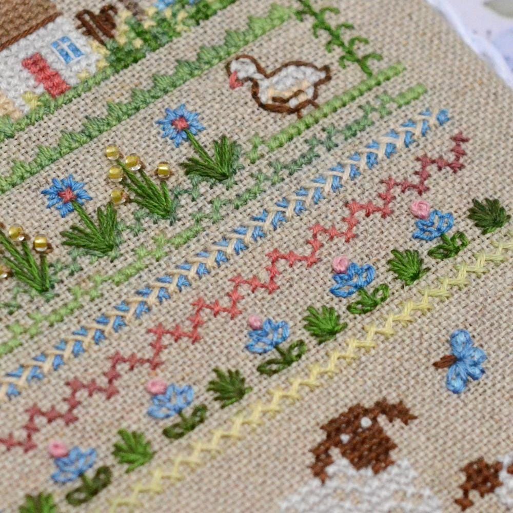 Countryside Romance Cross Stitch Sampler Kit: Hand-Dyed DMC, Evenweave Fabric, Beads