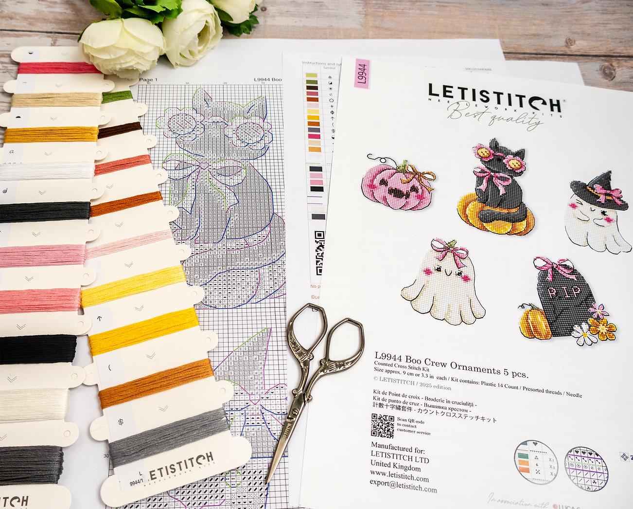 Counted Cross Stitch Kit LETISTITCH Boo Crew Ornaments 5 pcs. L9944, plastic canva