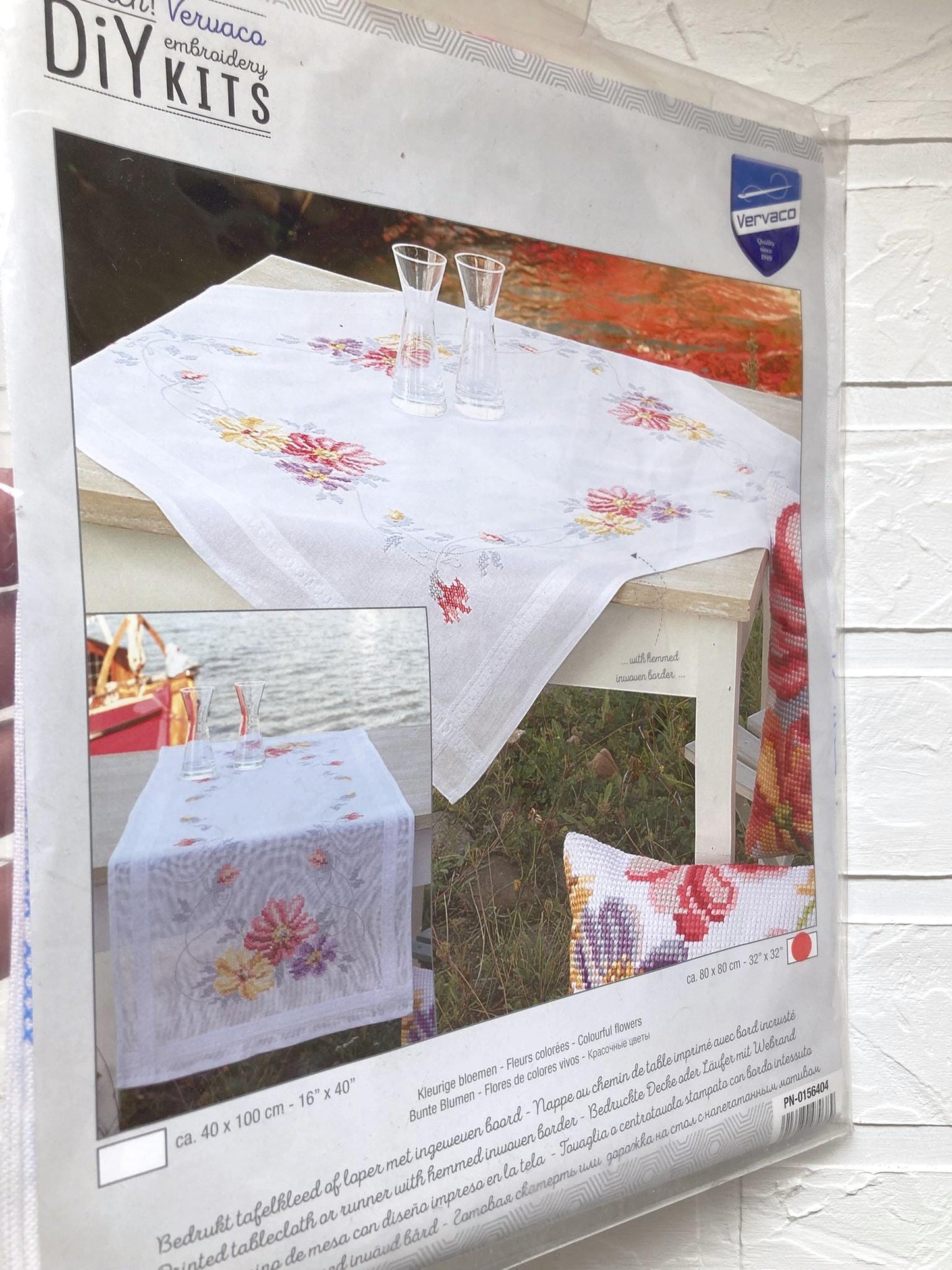 Tablecloth DIY Cross Stitch Kit Colourful Flowers, Vervaco, 32"x32" (80x80cm), PN-0156404 Vervaco Runner