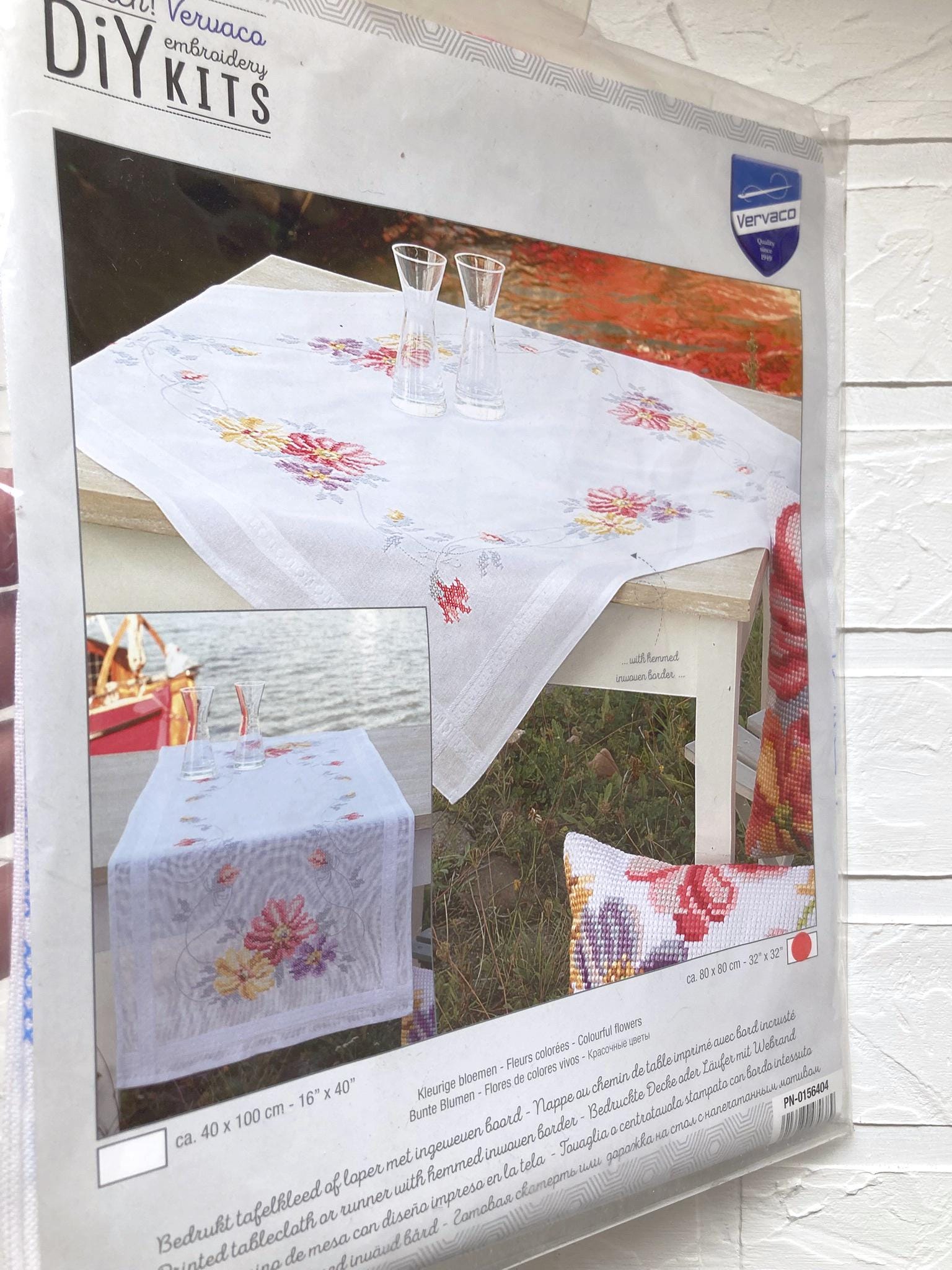 Tablecloth DIY Cross Stitch Kit Colourful Flowers, Vervaco, 32"x32" (80x80cm), PN-0156404 Vervaco Runner