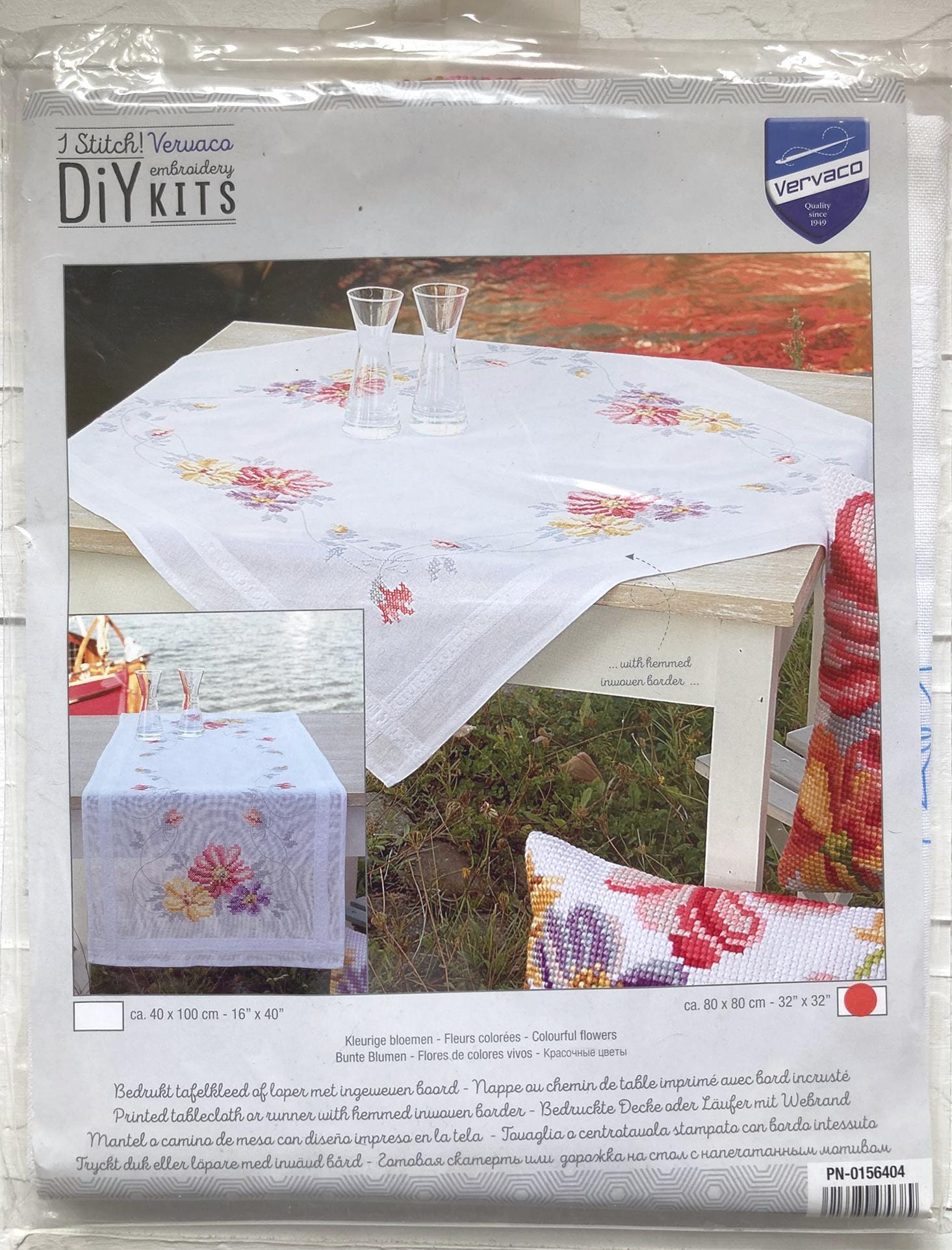 Tablecloth DIY Cross Stitch Kit Colourful Flowers, Vervaco, 32"x32" (80x80cm), PN-0156404 Vervaco Runner