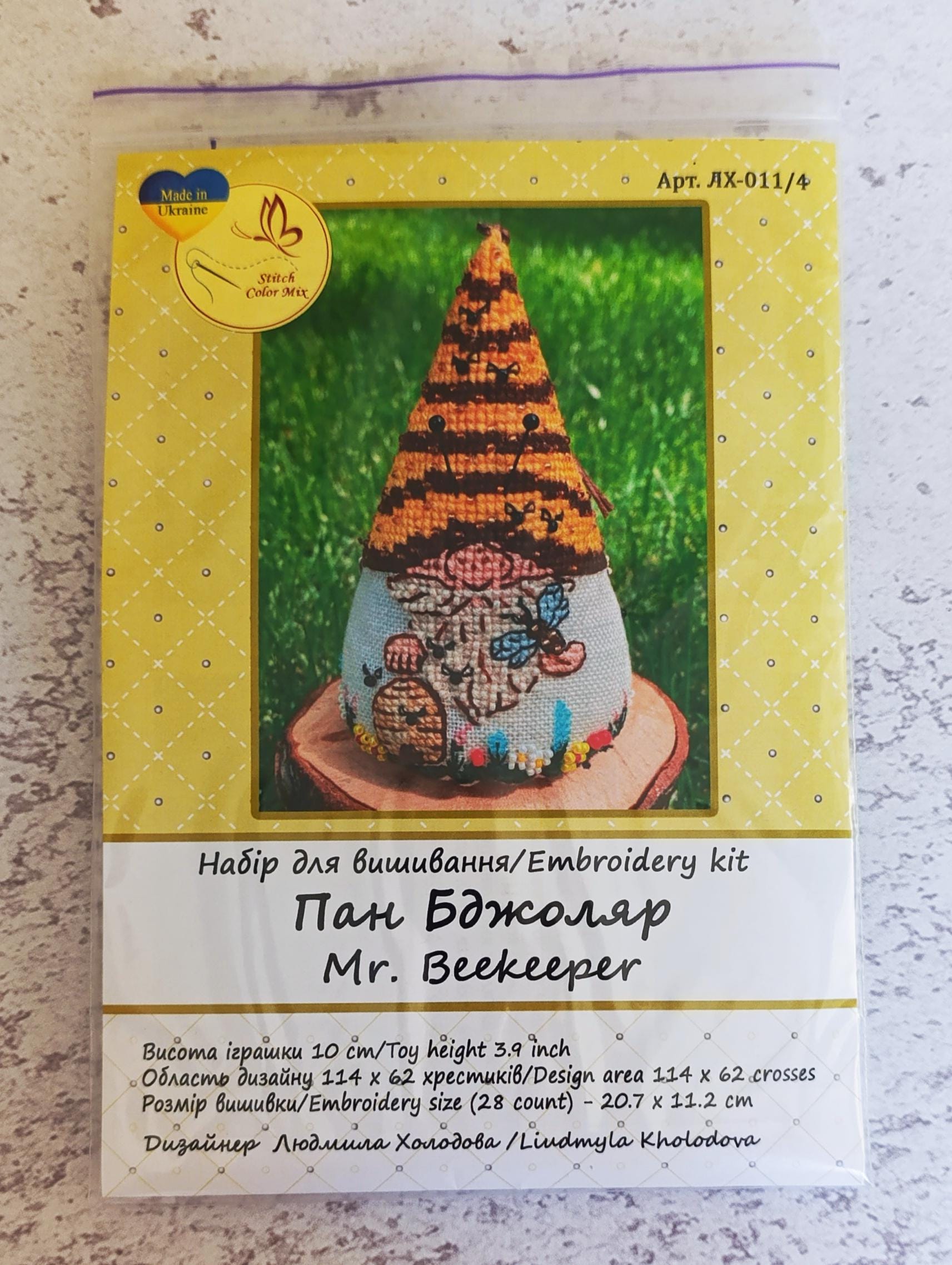 Counted Cross Stitch Kit – Beekeeper Gnome Toy, Linen Fabric & Beads, DIY Embroidery