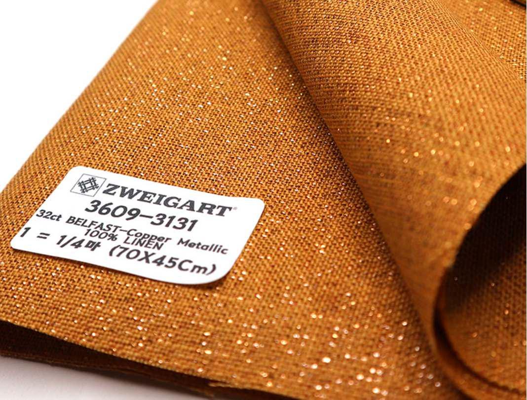 Linen Evenweave Fabric: 32ct Zweigart Belfast with Copper Lurex