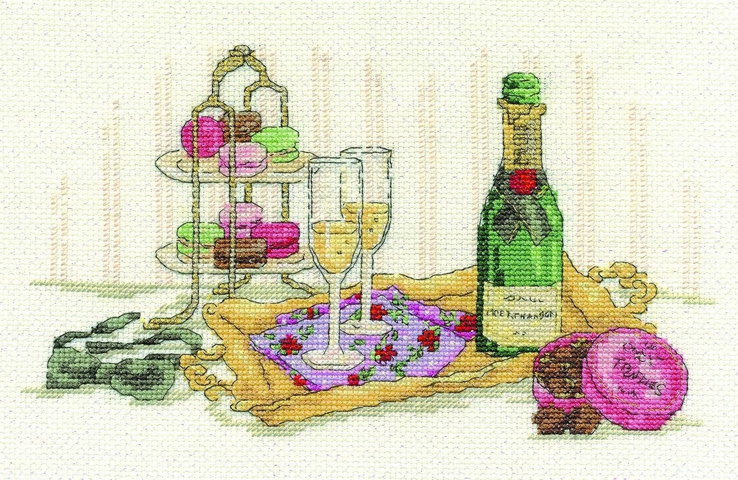 Counted Cross Stitch Kit Indulgence, DMC – Champagne & Desserts, Pearlescent 14ct Aida, 10″×6″, BK1541