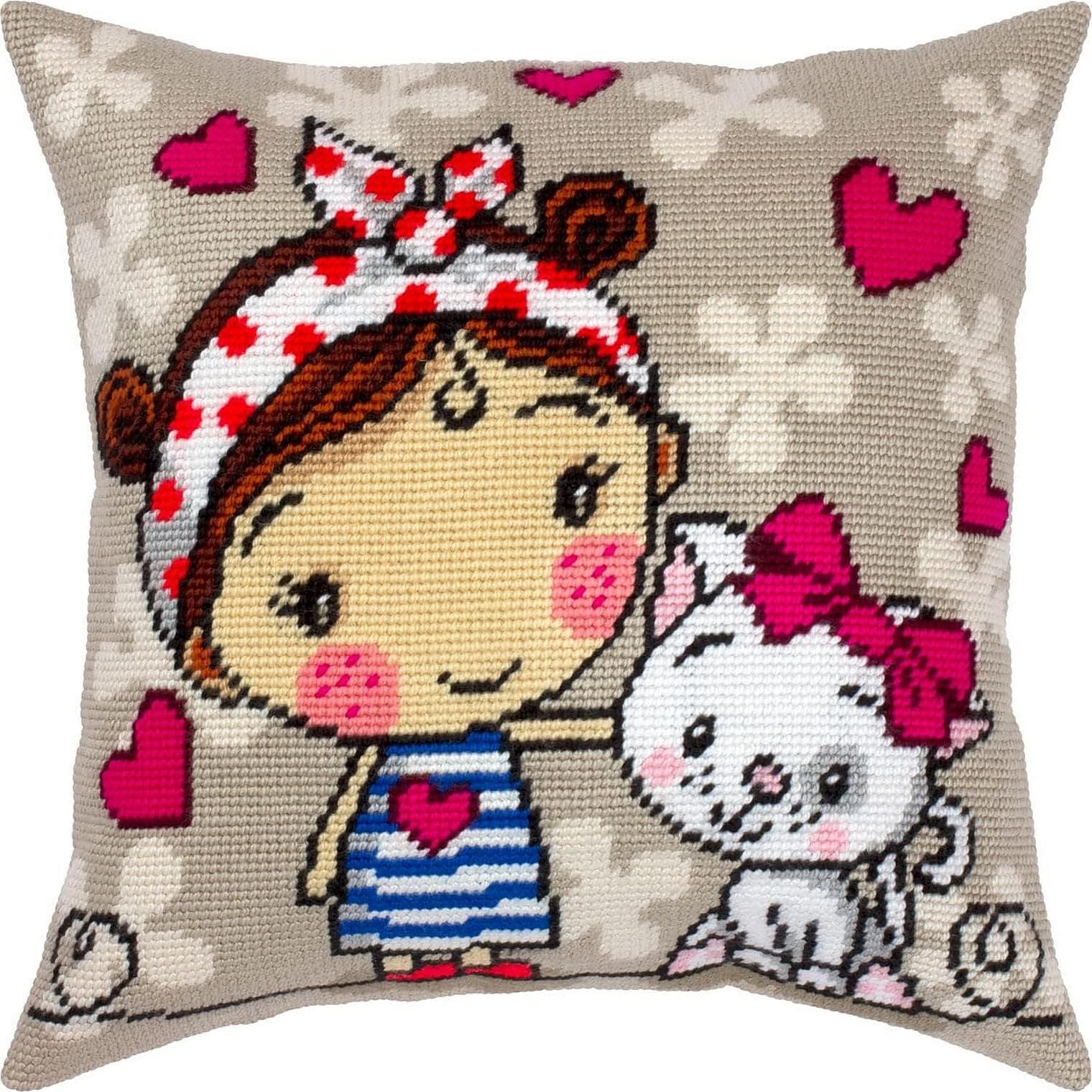 Needlepoint Pillow Kit: Girl and Kitten Design, Acrylic Yarn, 16″ Printed Canvas
