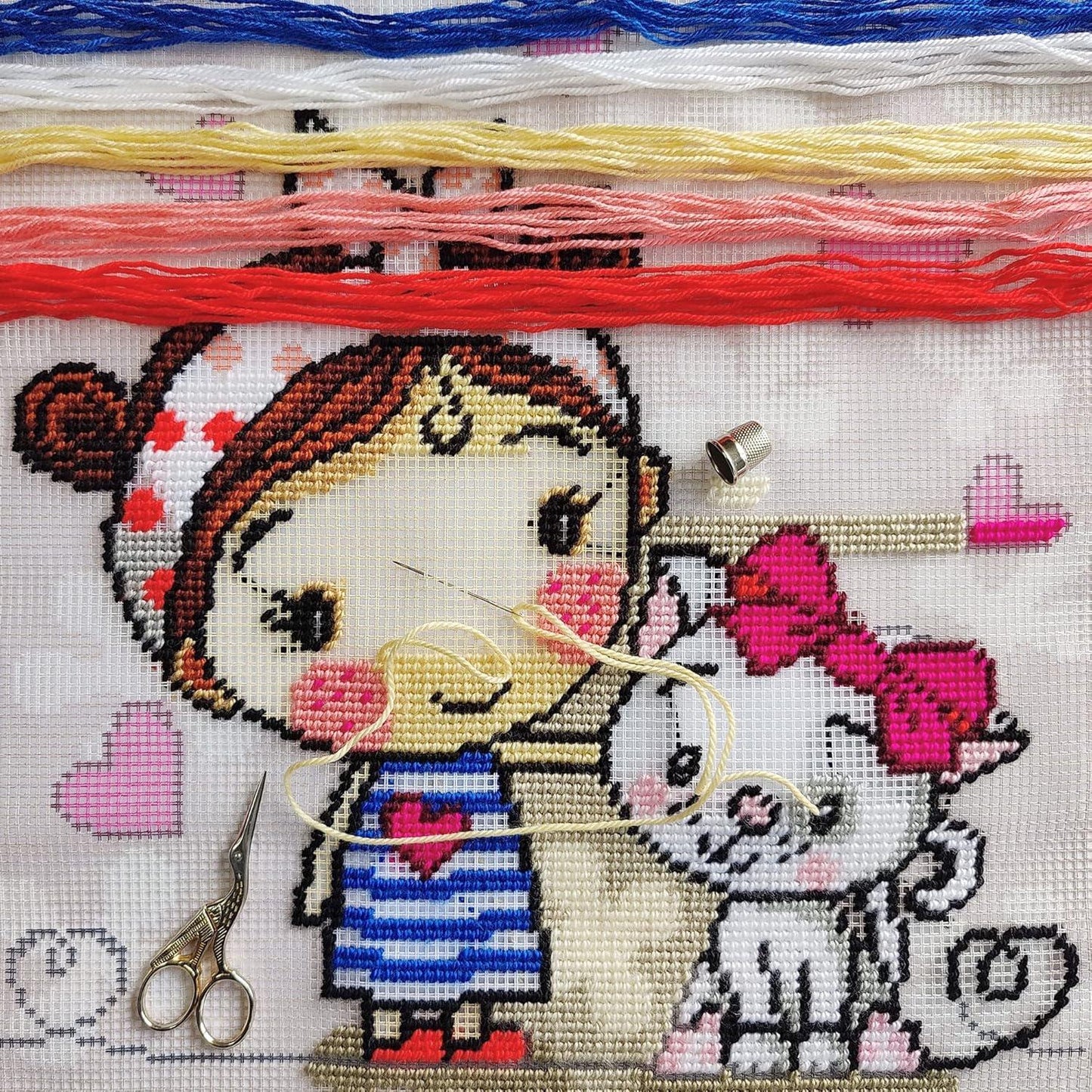 Needlepoint Pillow Kit: Girl and Kitten Design, Acrylic Yarn, 16″ Printed Canvas