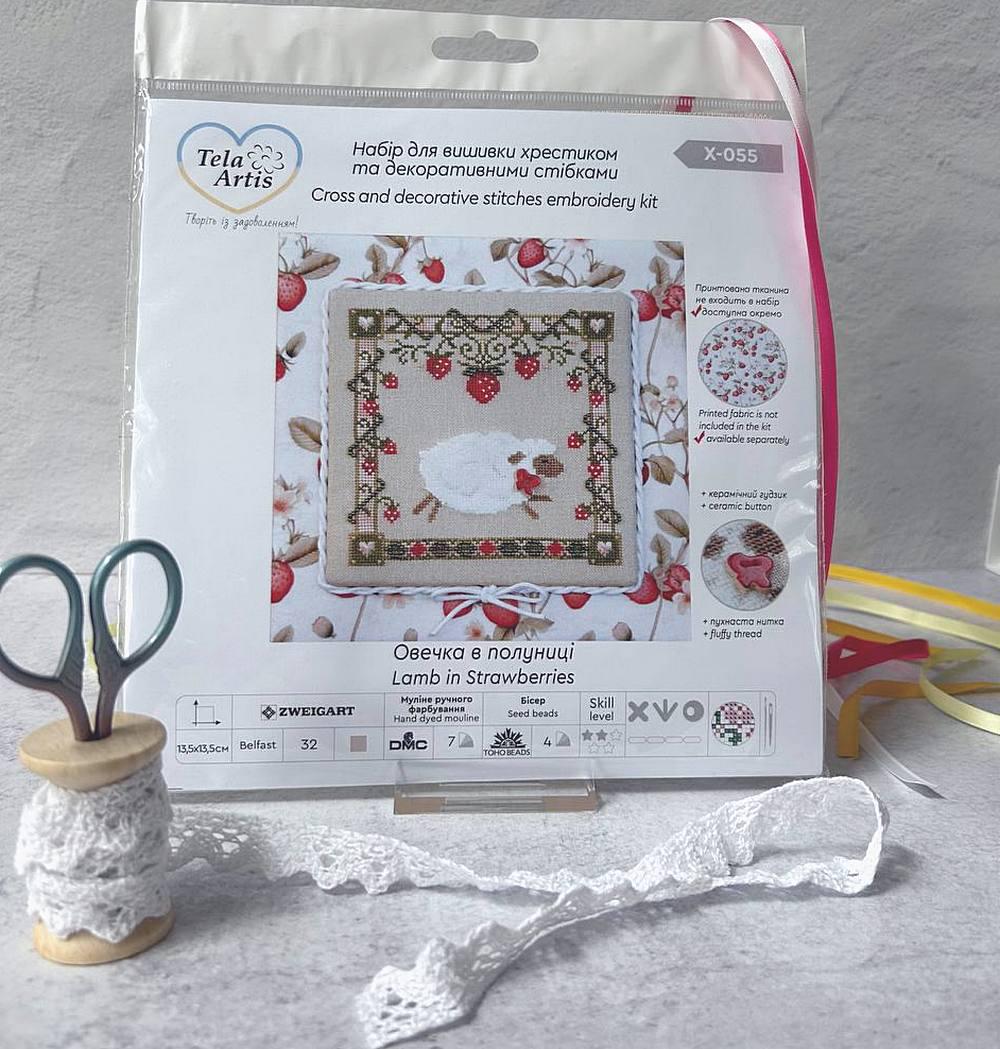 Counted Cross Stitch Kit "Strawberry Sheep", Hand-dyed Threads | TOHO Beads | Fuzzy Yarn | X-055