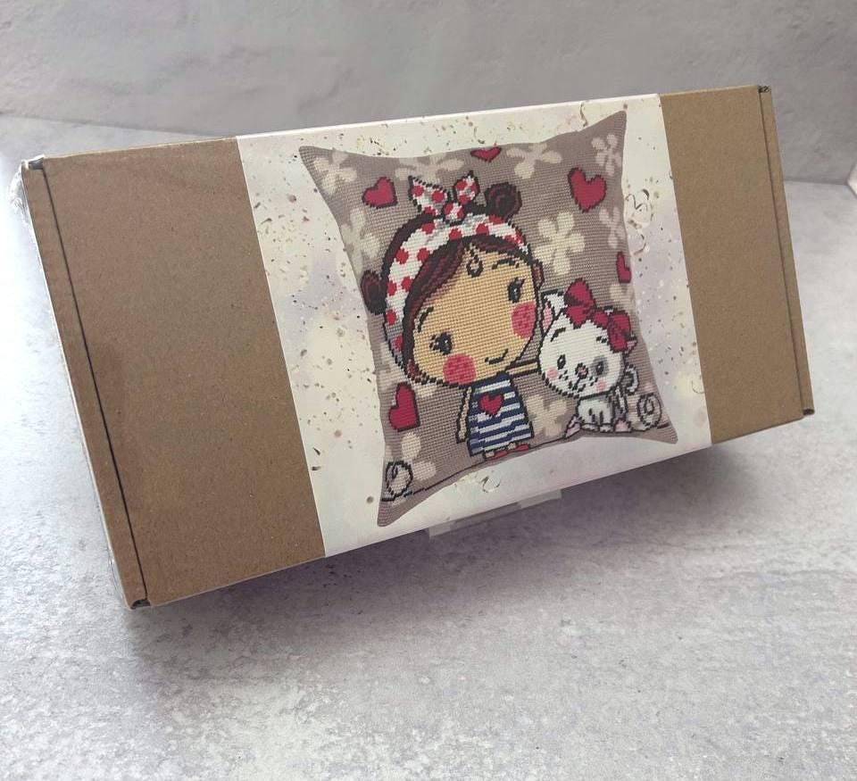Needlepoint Pillow Kit: Girl and Kitten Design, Acrylic Yarn, 16″ Printed Canvas