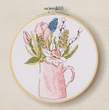Spring Garden Cross Stitch Kit: Pink Floral Jug, 5.7" with Hoop, DMC, Aida 14