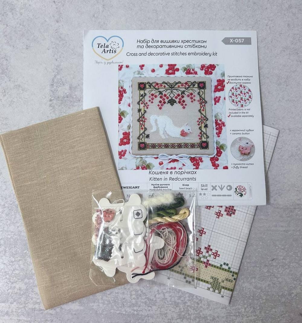Cross Stitch Kit, "Kitten in currants" X-057, Hand-dyed Threads, TOHO Beads