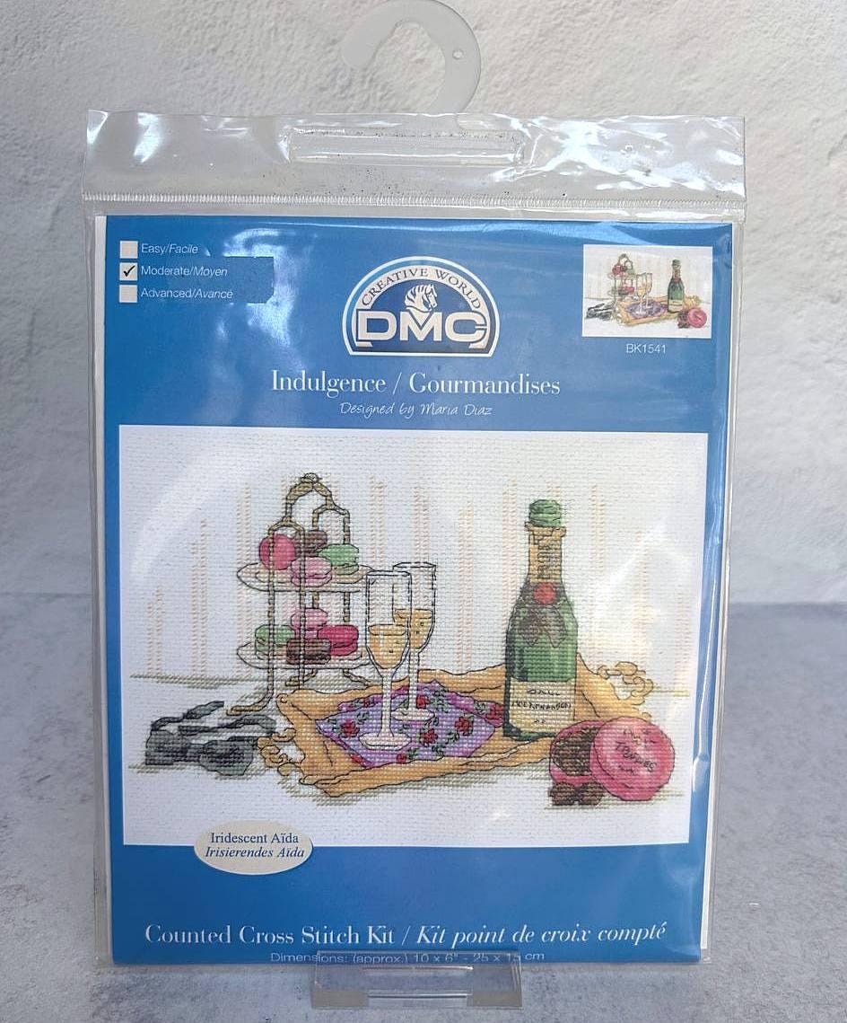 Counted Cross Stitch Kit Indulgence, DMC – Champagne & Desserts, Pearlescent 14ct Aida, 10″×6″, BK1541