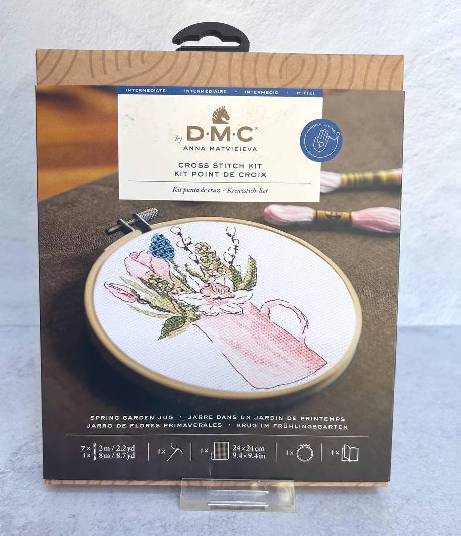 Spring Garden Cross Stitch Kit: Pink Floral Jug, 5.7" with Hoop, DMC, Aida 14