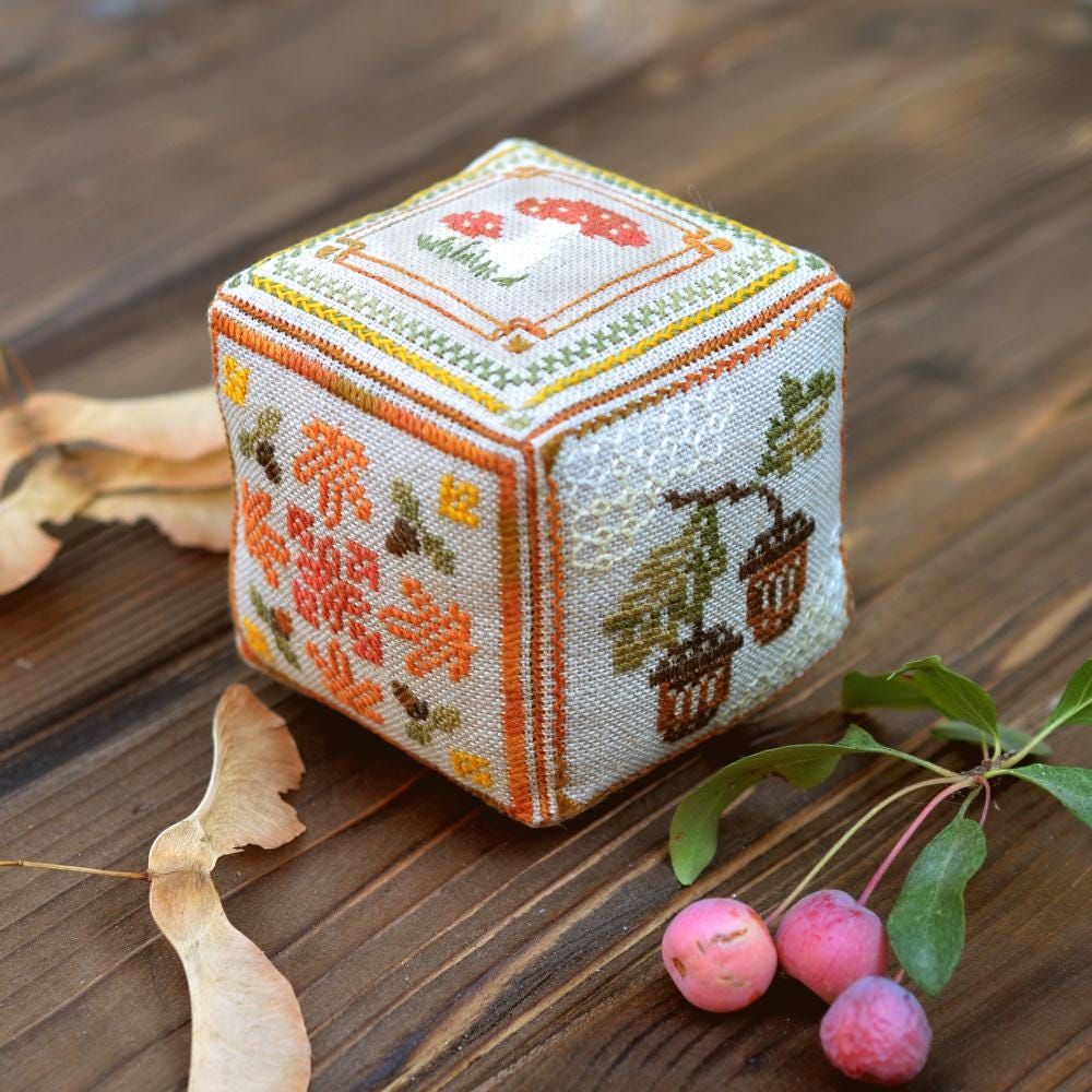 Autumn Kube Cross Stitch Kit – Hand-dyed Threads, Fall Decor