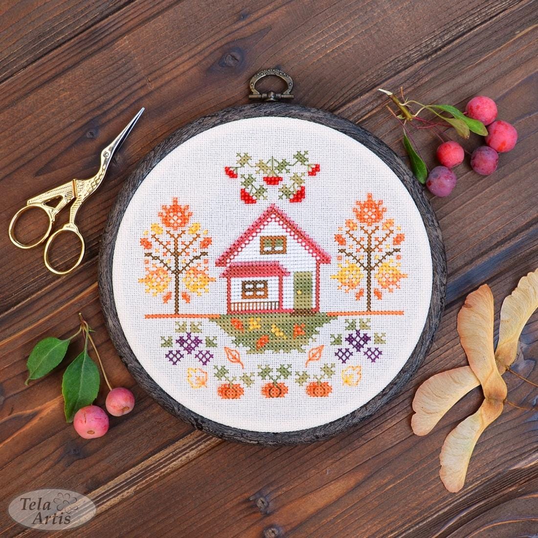 Autumn Cross Stitch Kit: Hand-Dyed Threads, Czech Beads, Nurge Hoop