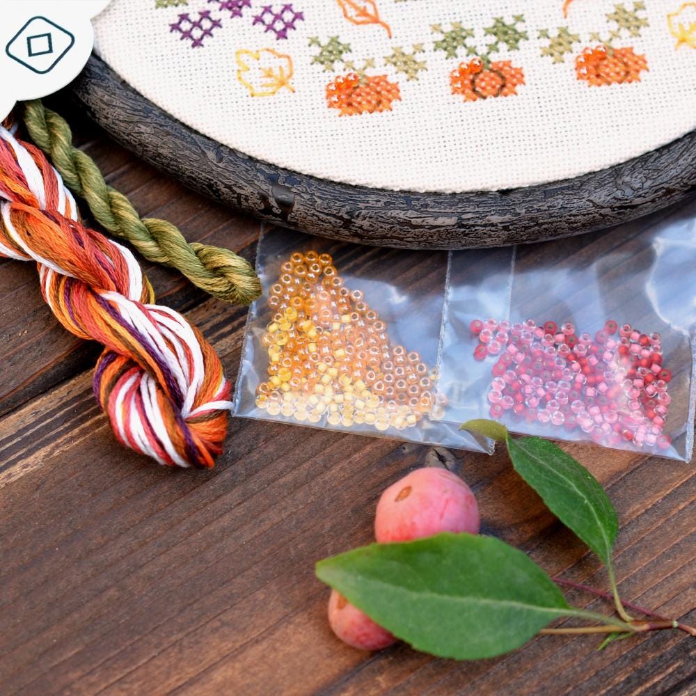 Autumn Cross Stitch Kit: Hand-Dyed Threads, Czech Beads, Nurge Hoop