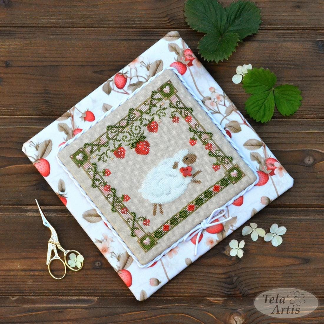 Counted Cross Stitch Kit "Strawberry Sheep", Hand-dyed Threads | TOHO Beads | Fuzzy Yarn | X-055