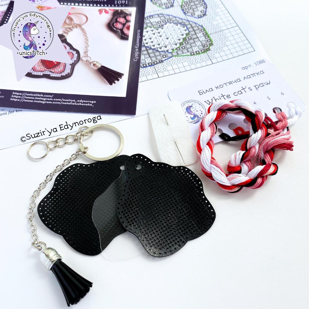 White Cat Paw on Black Embroidery Kit: DIY Keychain, Leatherette Base