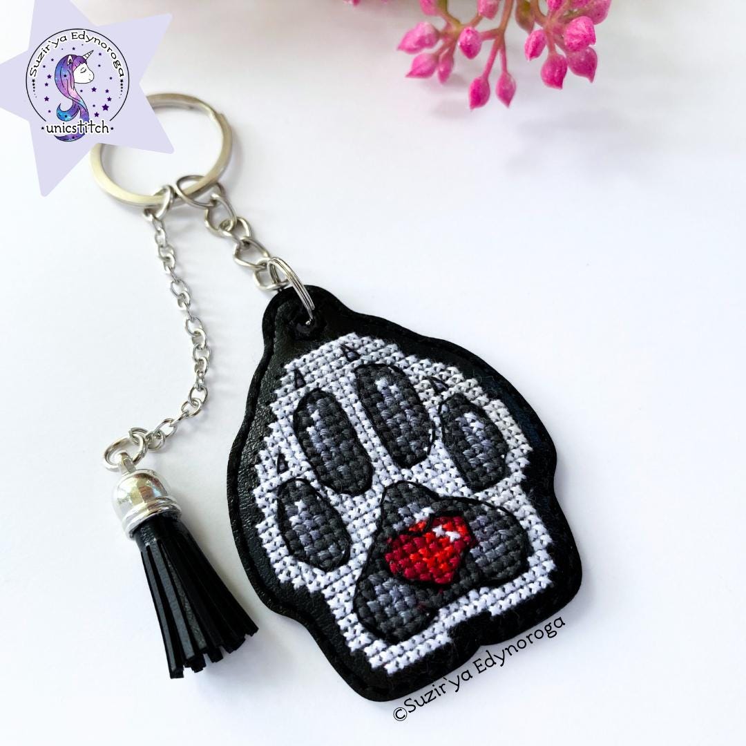 White dog paw on black Embroidery Kit: DIY Keychain, Leatherette Base