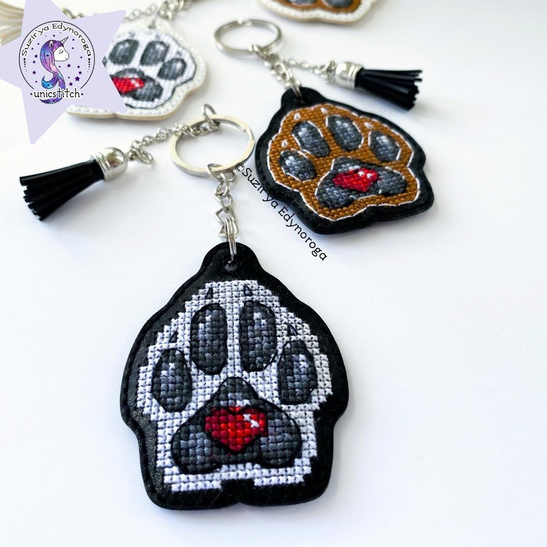 White dog paw on black Embroidery Kit: DIY Keychain, Leatherette Base