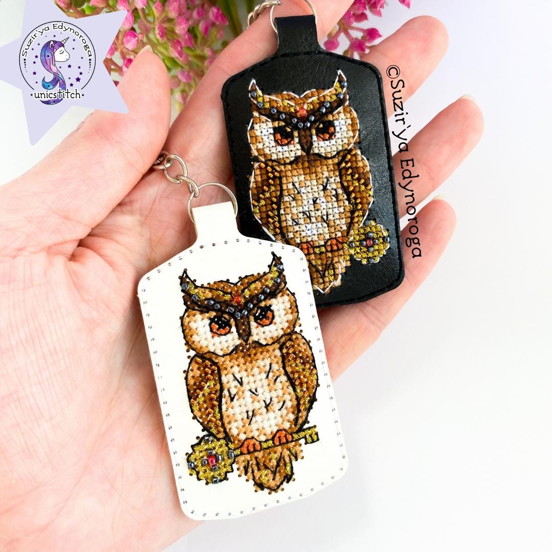 Owl on black Embroidery Kit: DIY Keychain, Leatherette Base