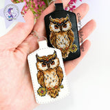 Owl on black Embroidery Kit: DIY Keychain, Leatherette Base