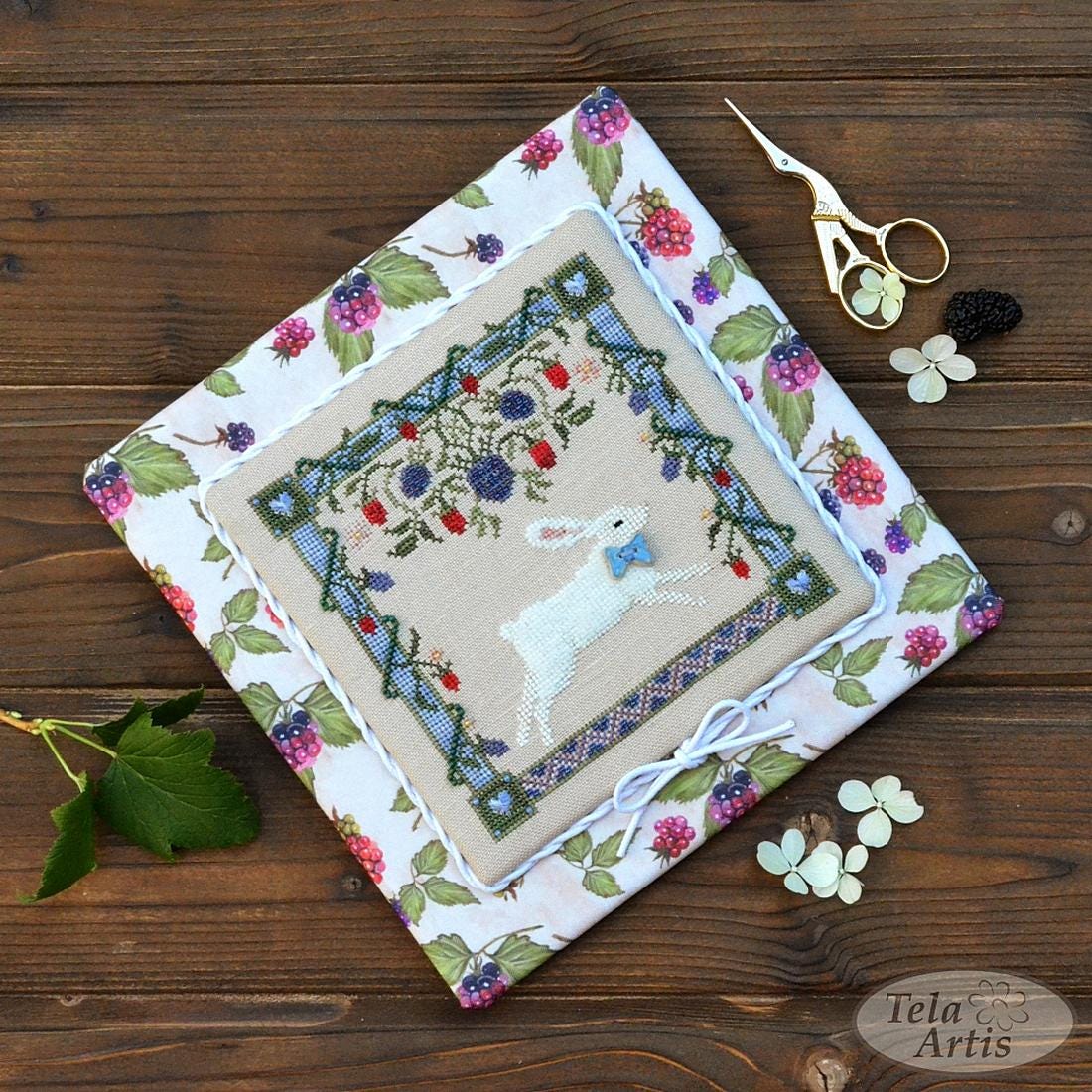 Cross Stitch Kit, "Rabbit in Blackberries " X-056, Hand-dyed Threads, TOHO Beads