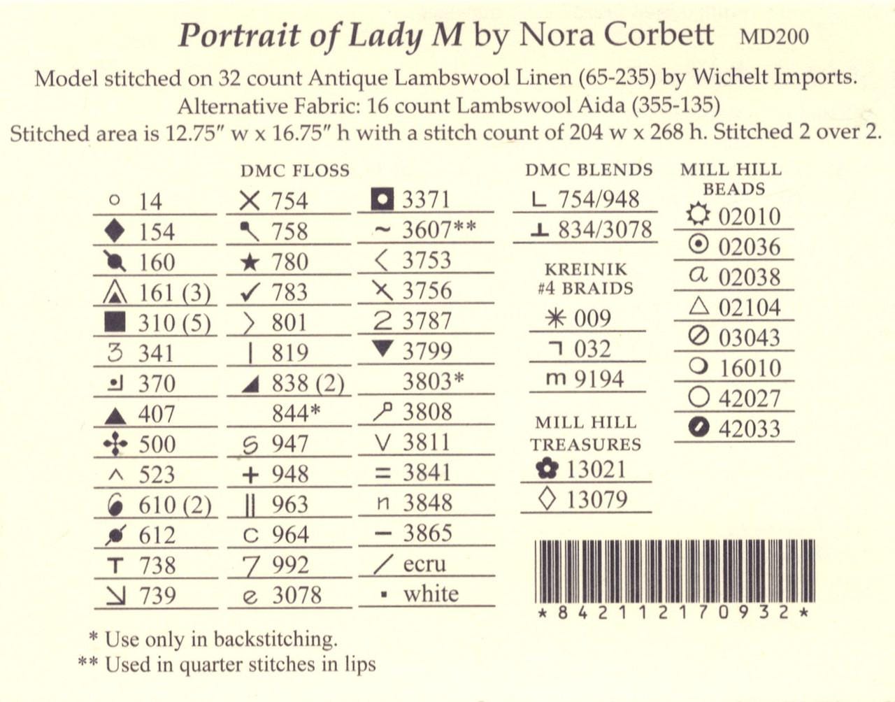 Mirabilia - Portrait of Lady M cross stitch pattern and Embellishment pack, MD-200, MD-200E