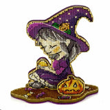Halloween Cross Stitch Kit on wood: Little Witch in Purple