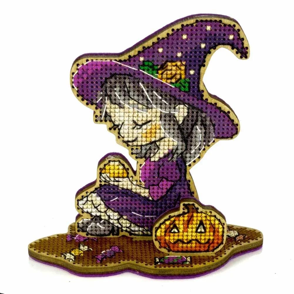 Halloween Cross Stitch Kit on wood: Little Witch in Purple