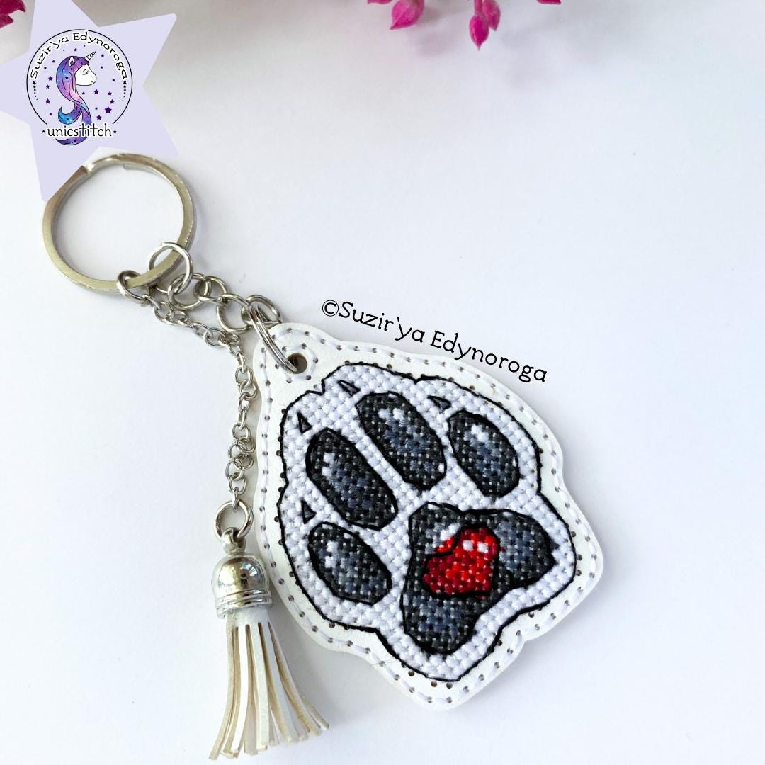 White dog paw on white Embroidery Kit: DIY Keychain, Leatherette Base