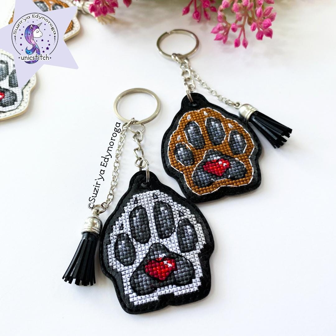 White dog paw on black Embroidery Kit: DIY Keychain, Leatherette Base