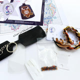 Owl on black Embroidery Kit: DIY Keychain, Leatherette Base