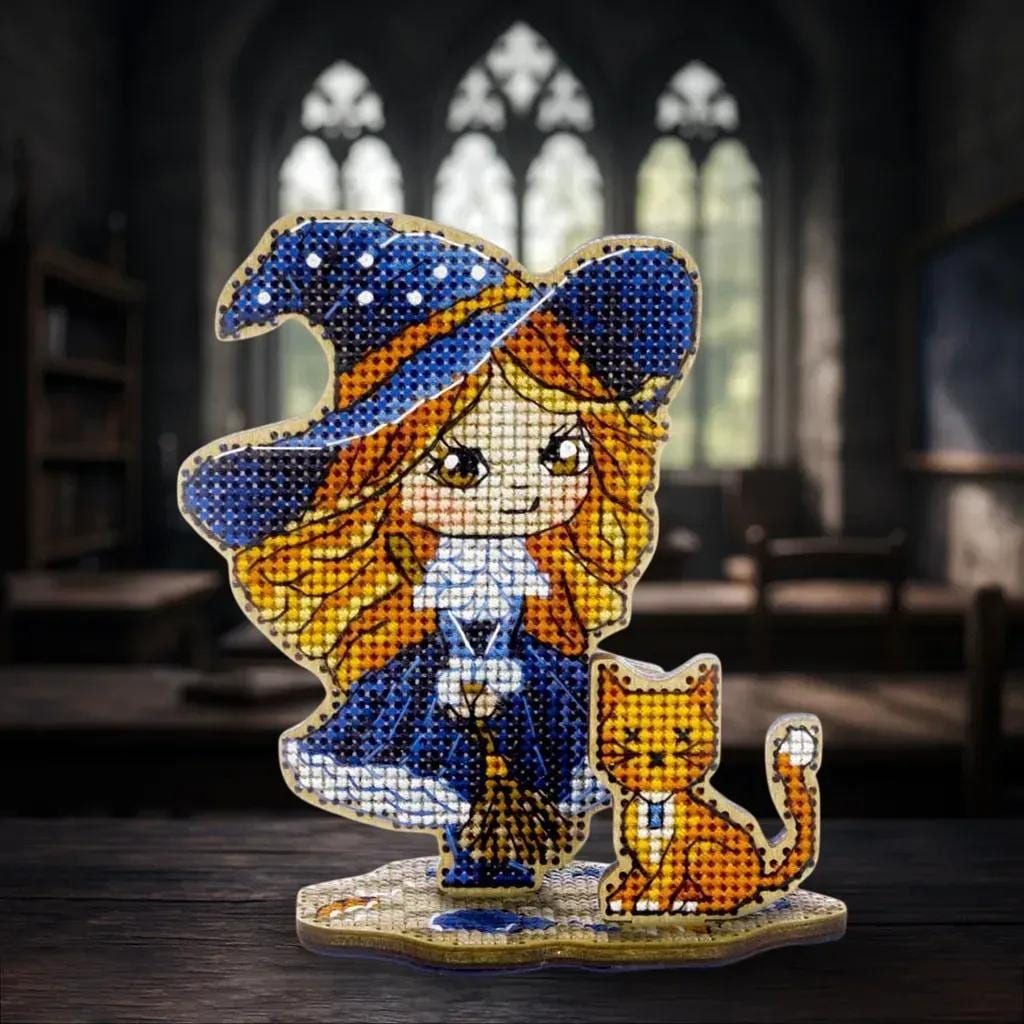 Cross Stitch Kit on wood base: The witch in blue