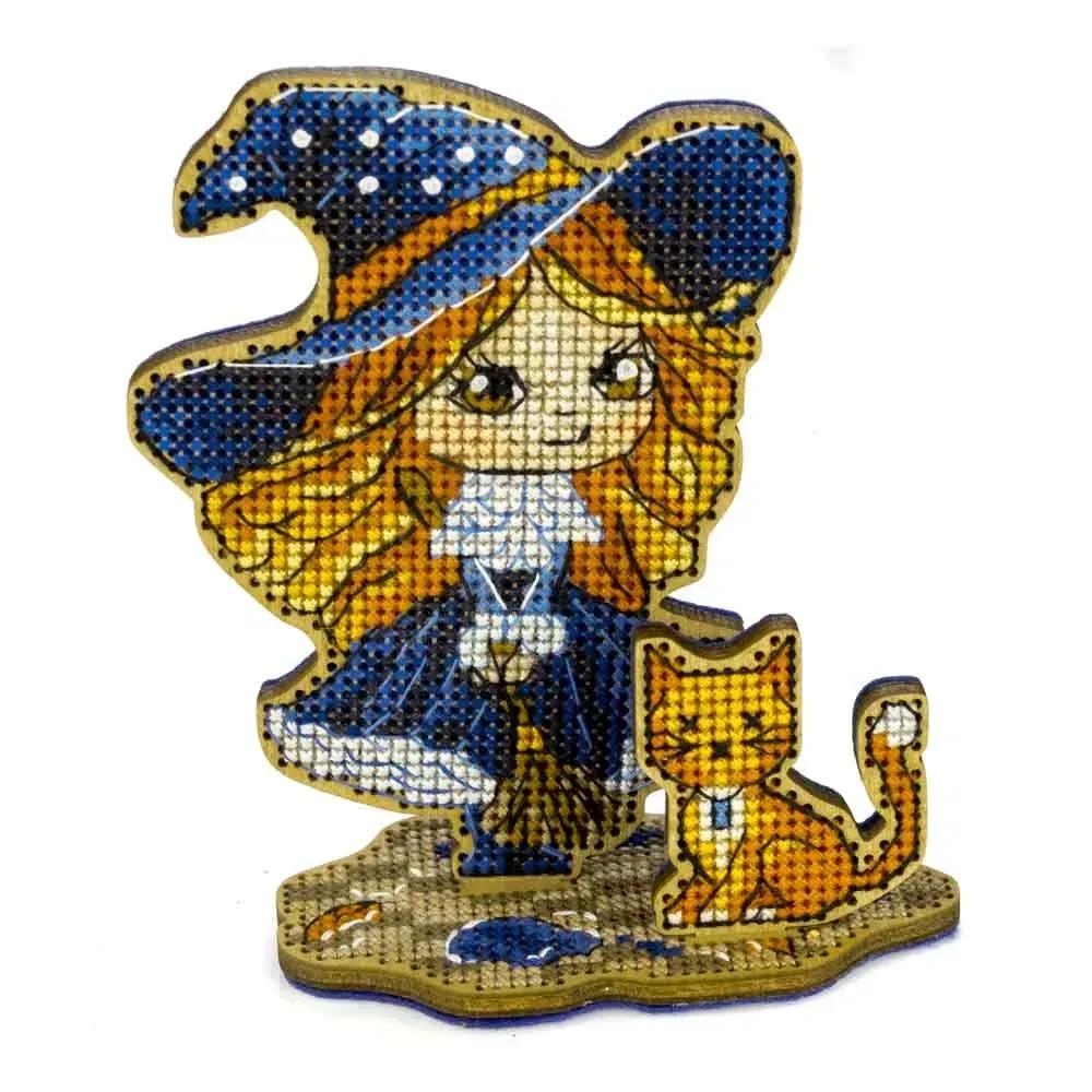 Cross Stitch Kit on wood base: The witch in blue