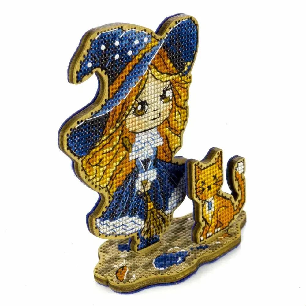 Cross Stitch Kit on wood base: The witch in blue