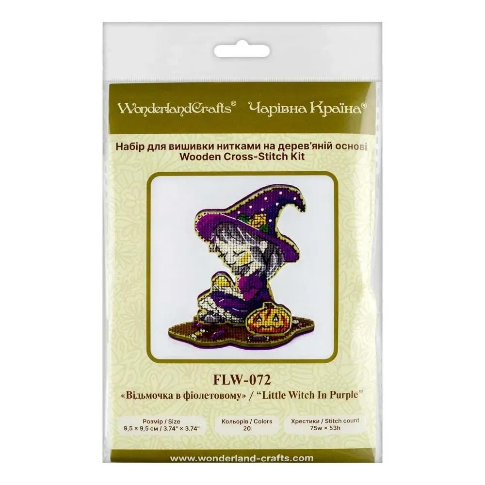 Halloween Cross Stitch Kit on wood: Little Witch in Purple