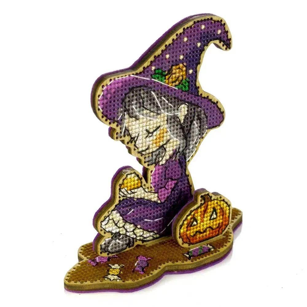 Halloween Cross Stitch Kit on wood: Little Witch in Purple