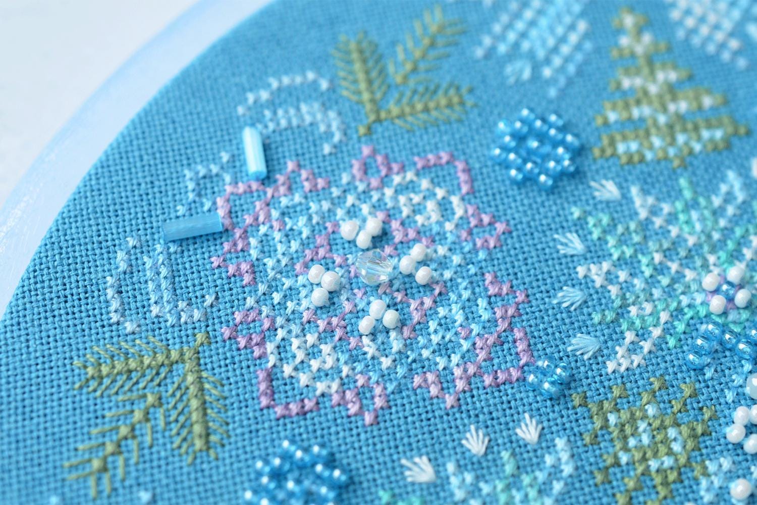 Winter mandala Cross Stitch Kit, Hand-Dyed Threads, Beads, Murano 32ct fabric