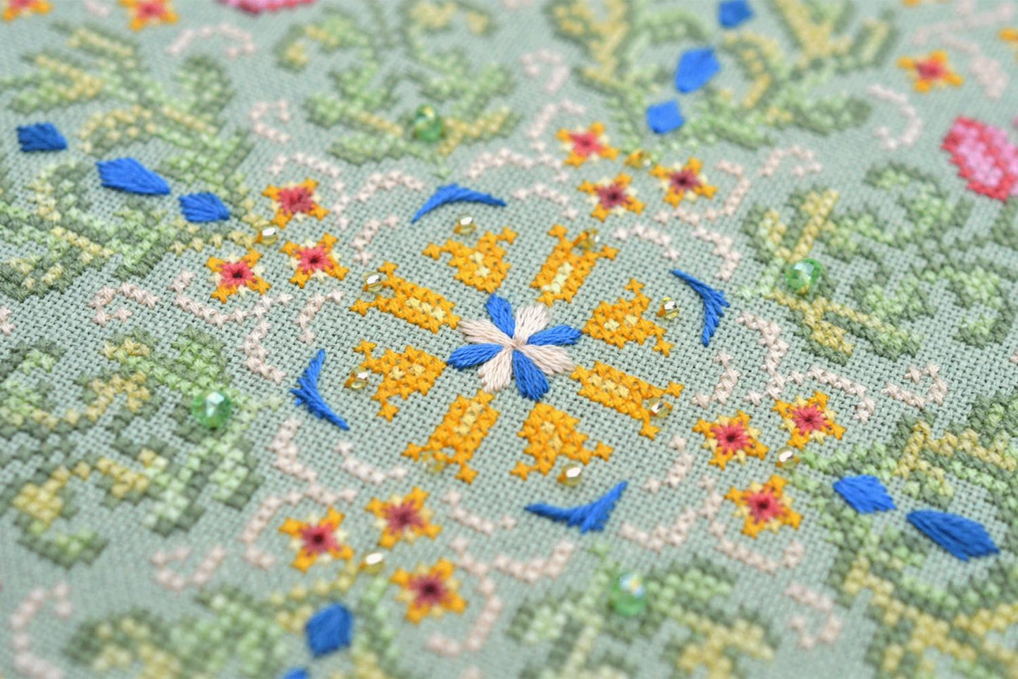 Flower mandala Cross Stitch Kit, Hand-Dyed Threads, Beads, Murano 32ct fabric