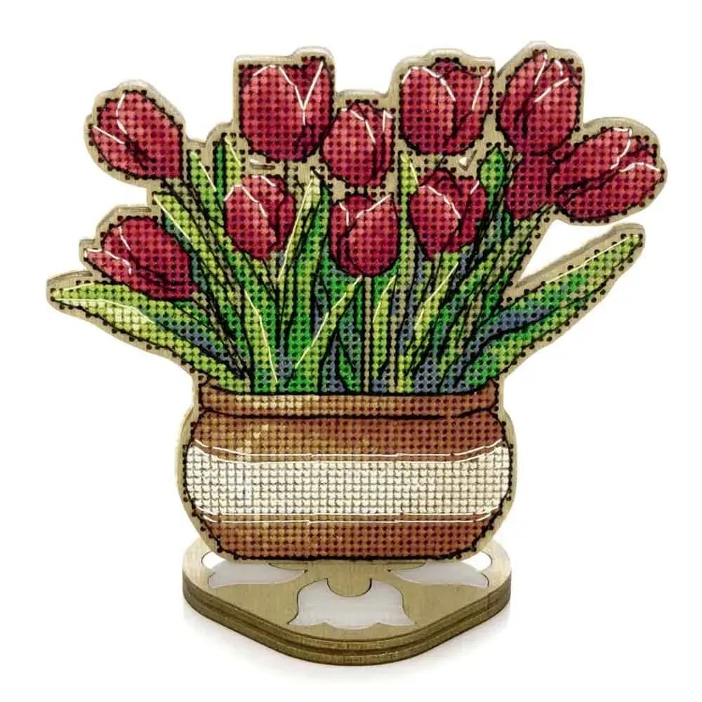 Cross Stitch Kit on wood: Pot of tulips