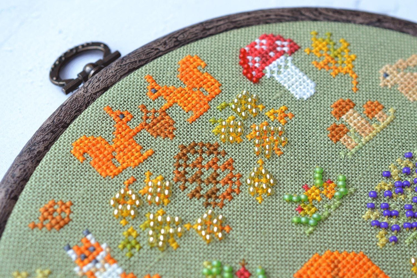Forest Friends Cross Stitch Kit, Hand-Dyed Threads, Beads, Belfast 32ct fabric
