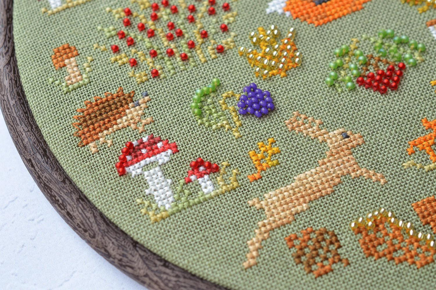 Forest Friends Cross Stitch Kit, Hand-Dyed Threads, Beads, Belfast 32ct fabric
