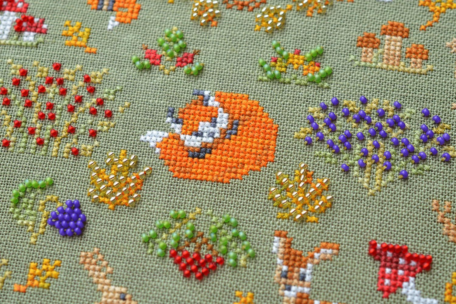Forest Friends Cross Stitch Kit, Hand-Dyed Threads, Beads, Belfast 32ct fabric