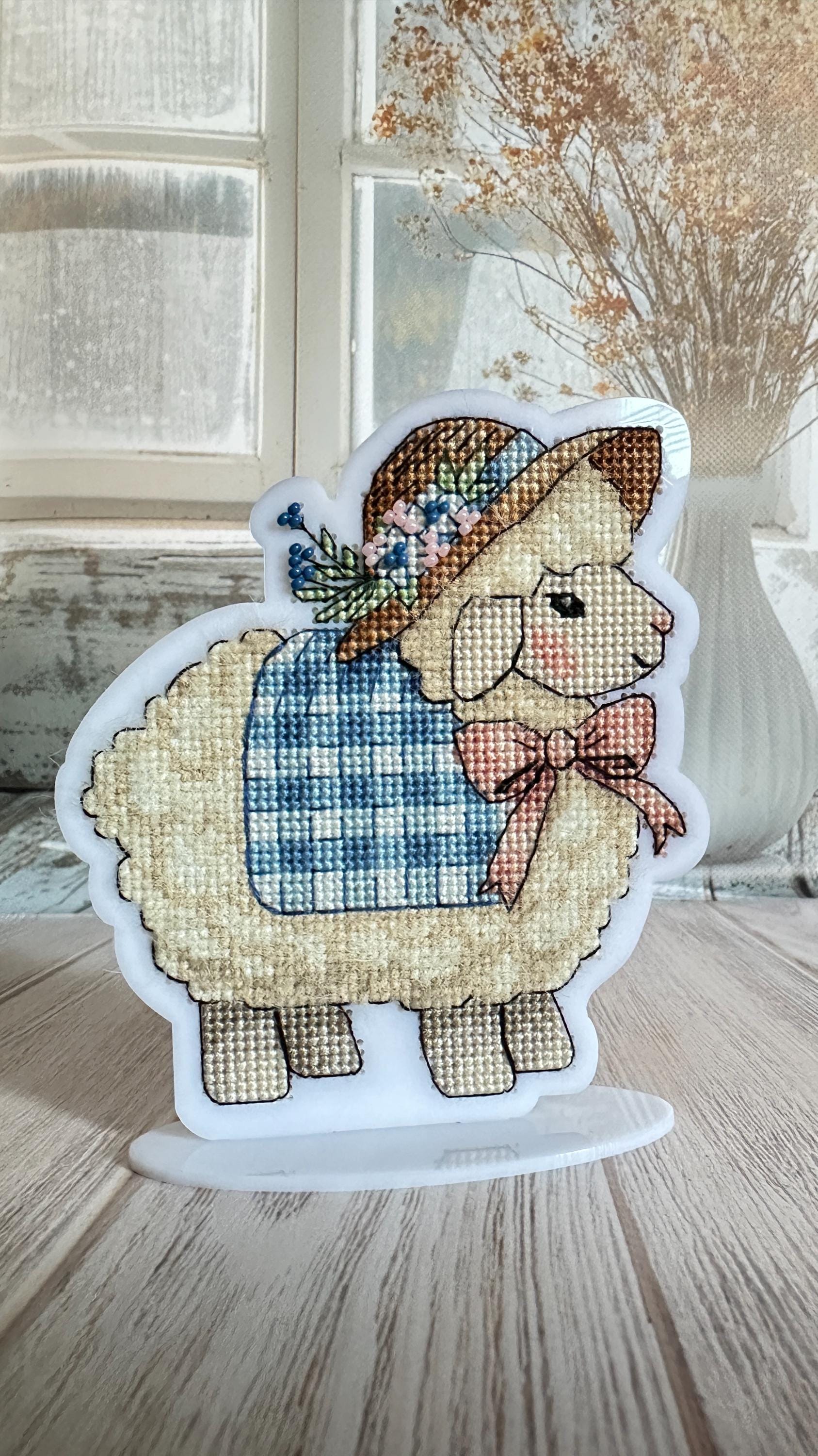 Easter Bead Embroidery Kit on Acrylic base, cross stitch, porcelain lady sheep