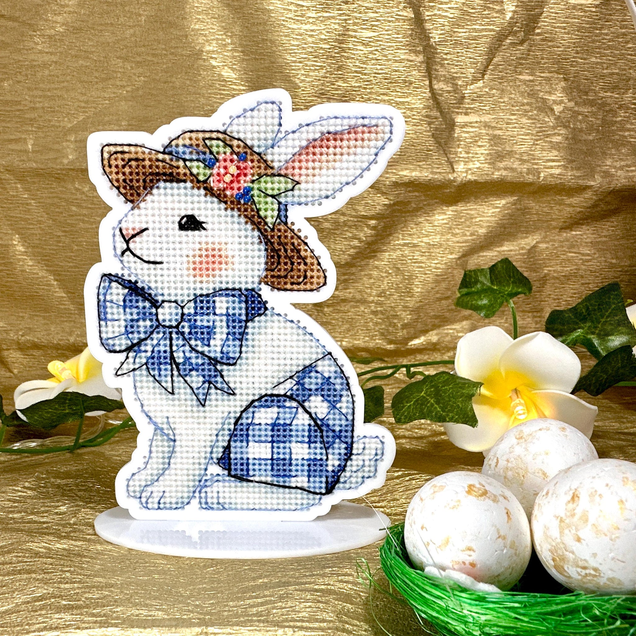 Easter Bead Embroidery Kit on Acrylic base, cross stitch, porcelain rabbit
