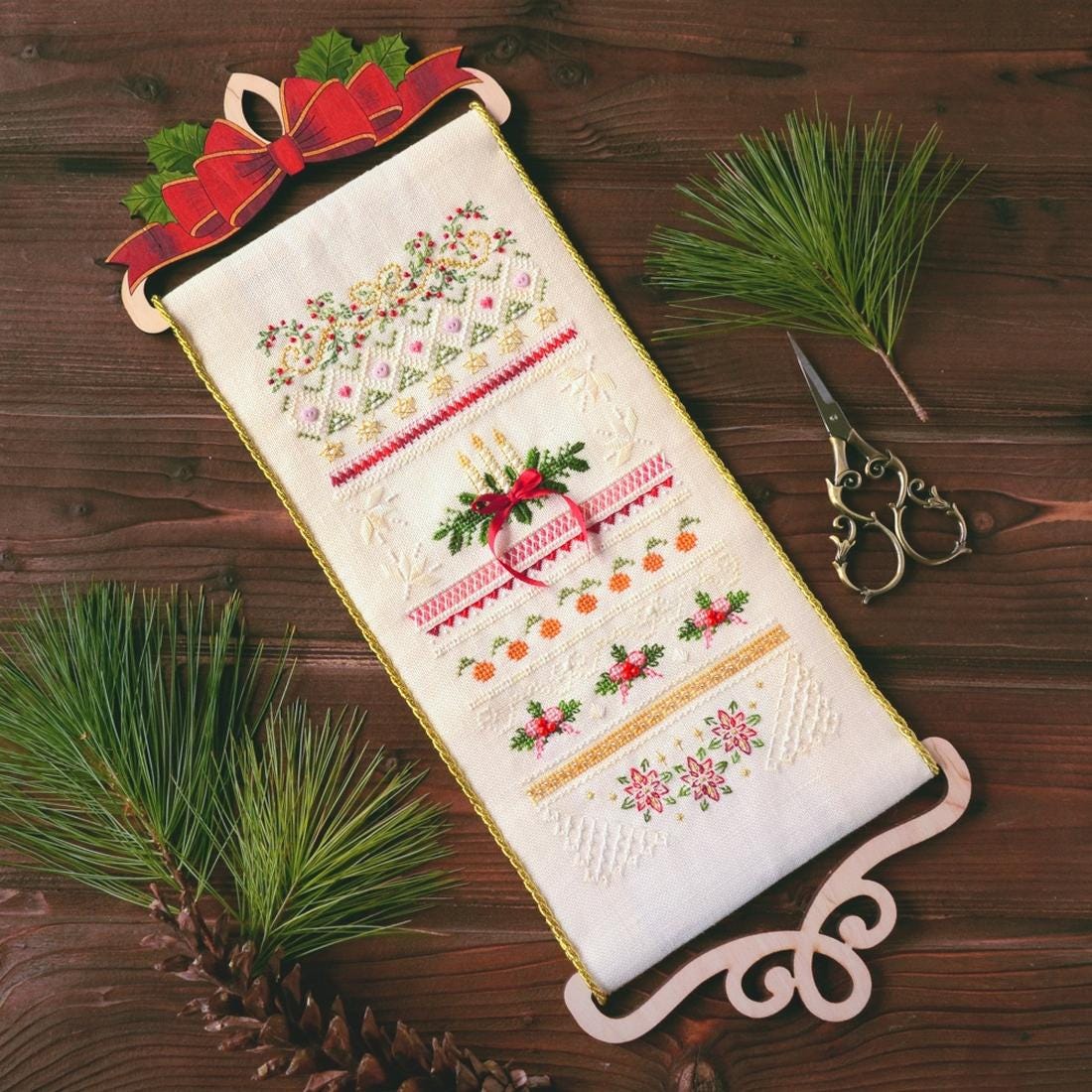 Christmas lace Cross Stitch Sampler Kit: Tela Artis Hand-Dyed DMC, Evenweave Fabric