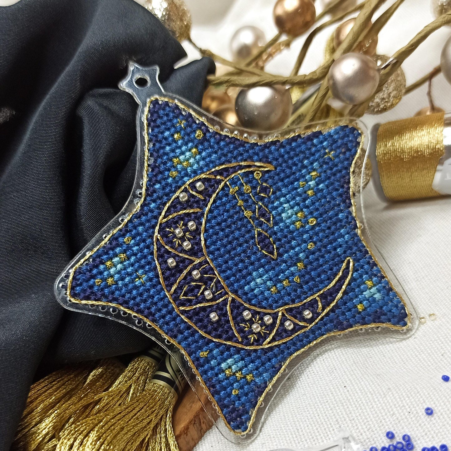 Cross Stitch kit Moon Star on plastic base, threads, beads