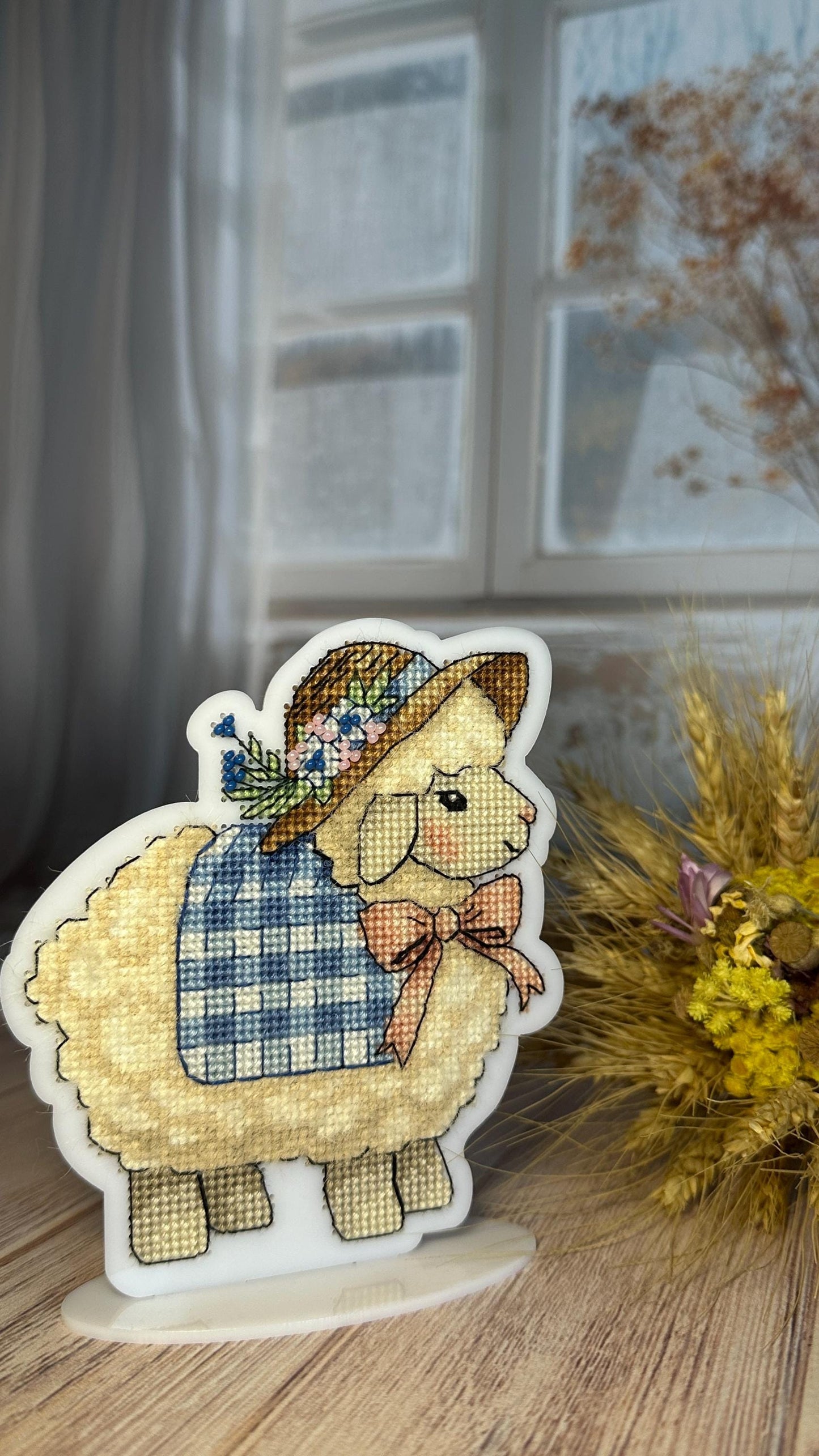 Easter Bead Embroidery Kit on Acrylic base, cross stitch, porcelain lady sheep